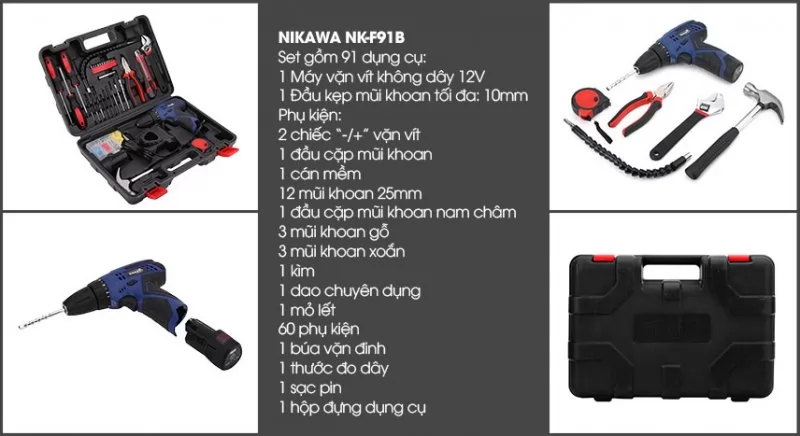 Bộ dụng cụ đa năng khoan không dây Nikawa NK-F91B